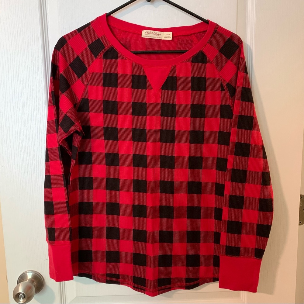 Red & black Buffalo plaid waffle knit top